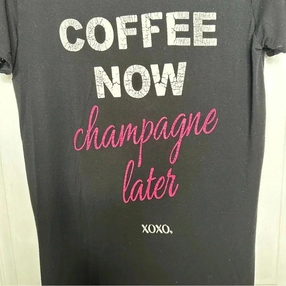XOXO  Coffee Now Champagne Later T-Shirt Black/White/Pink Size Medium - Picture 4 of 16